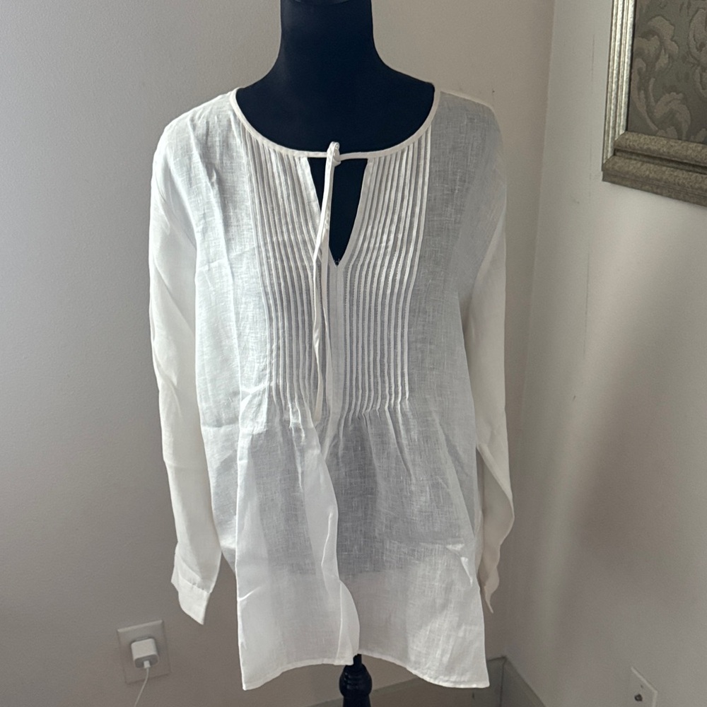 Ann‎ Taylor Linen Pintuck split neckline ties White Peasant Boho Blouse Sz XL